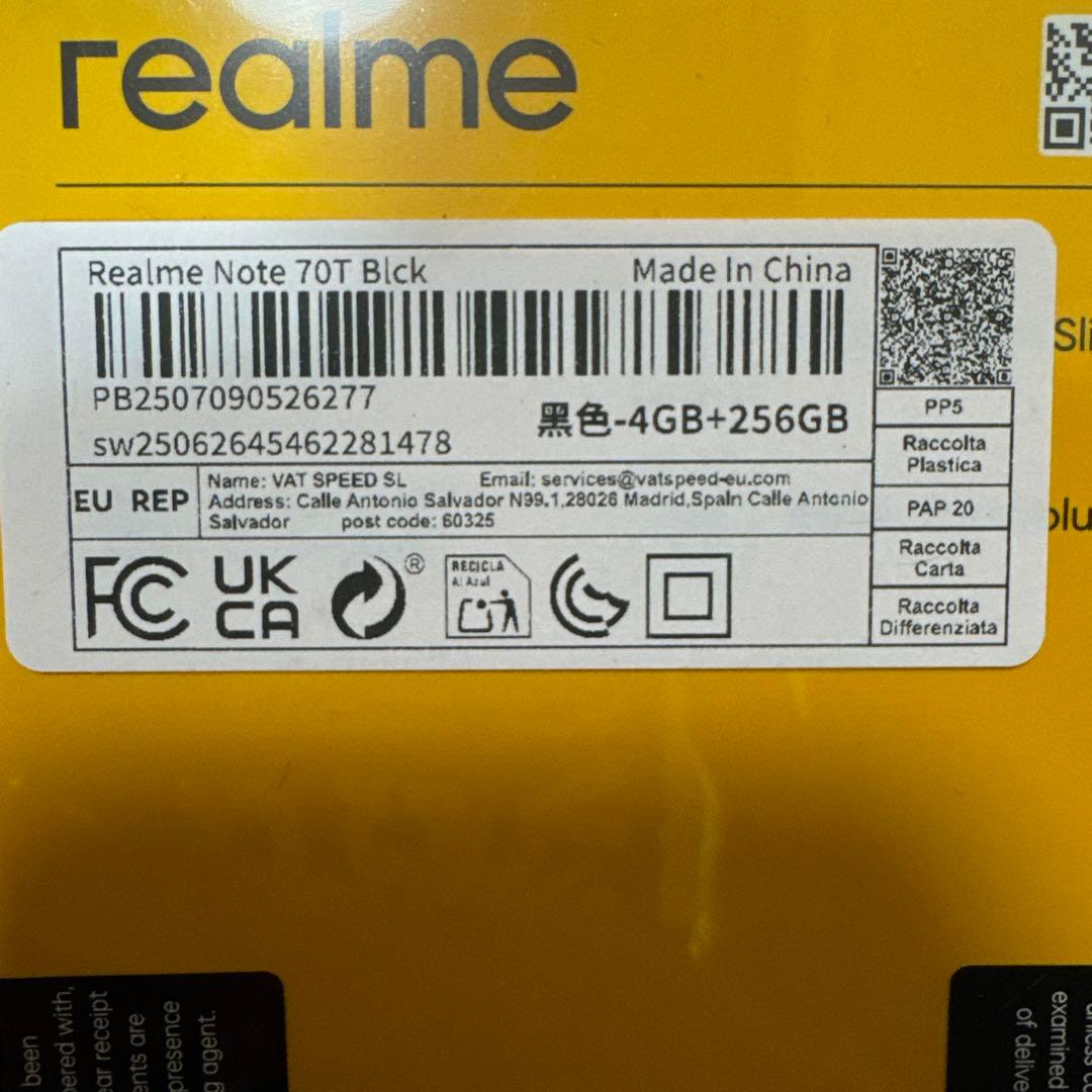 スマートフォン本体 realme Note 70T Obsidian Black 4GB/256GB