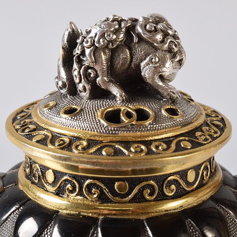 専用　高岡銅器　八代住　釘谷洞石作銀製獅子龍香炉約260g　共箱　L　R8429