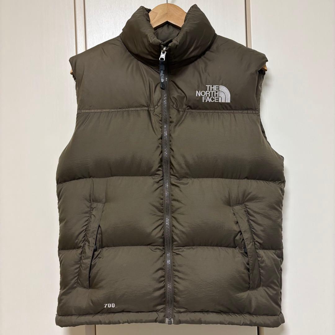 ノースフェイス　センター　ロゴ　ダウン　ベスト　カーキ　ブラウン　S