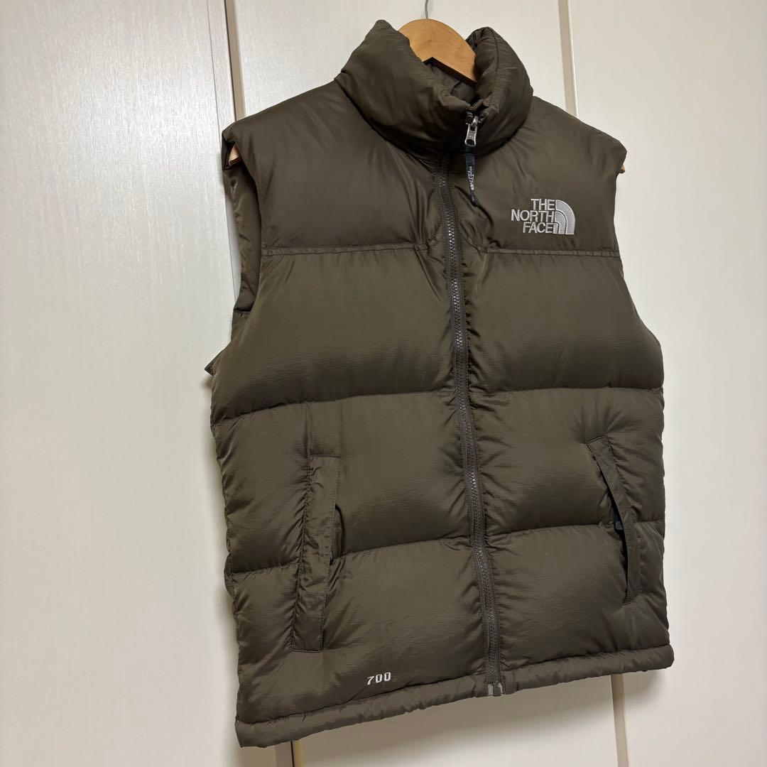 ノースフェイス　センター　ロゴ　ダウン　ベスト　カーキ　ブラウン　S