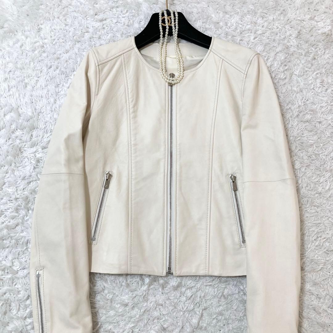 美品♡ ANAYI ノーカラー レザージャケット ジップアップ アイボリー