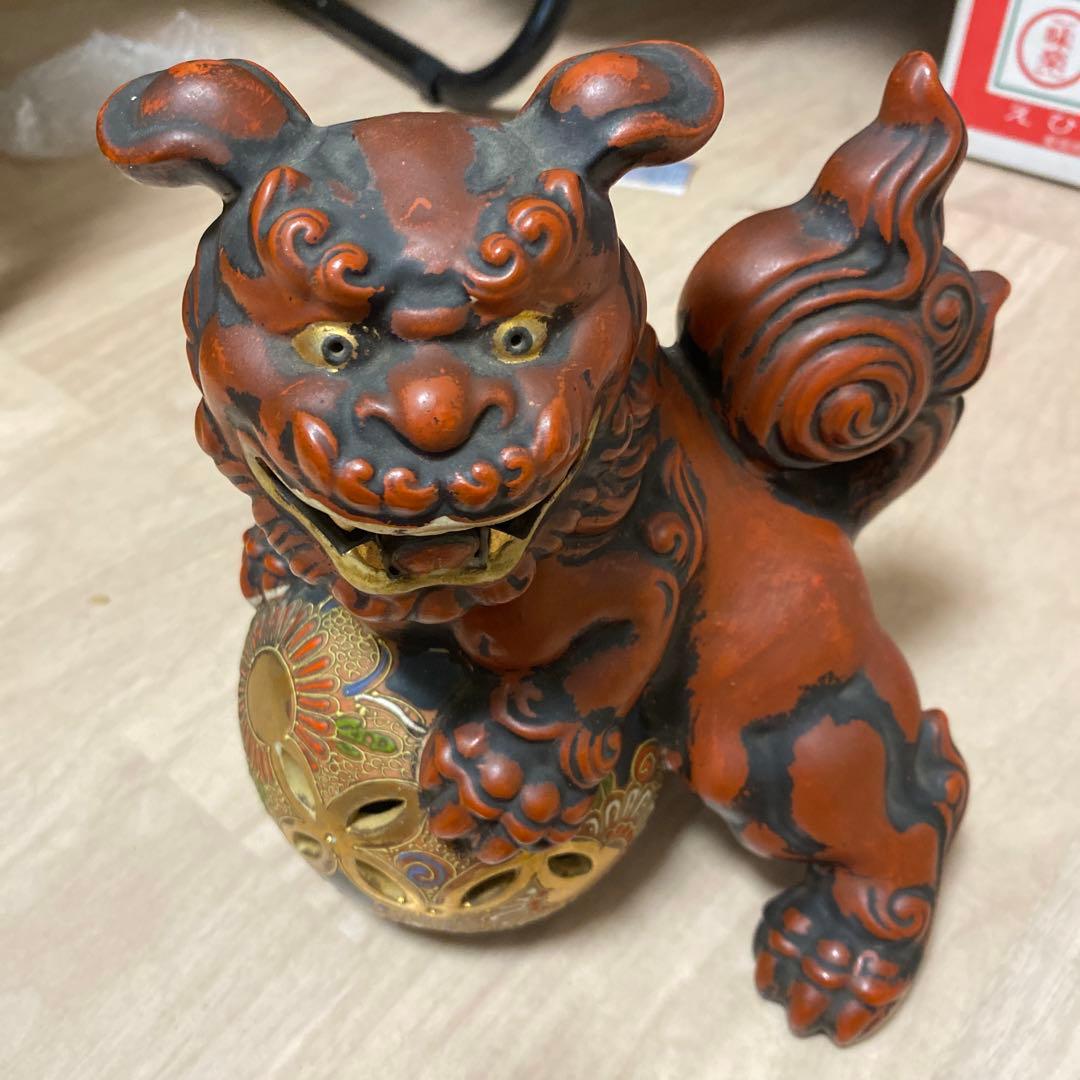 ■九谷 玉乗り獅子/九谷焼 玉獅子 判　九谷 獅子 赤獅子 古董縁起物 置物