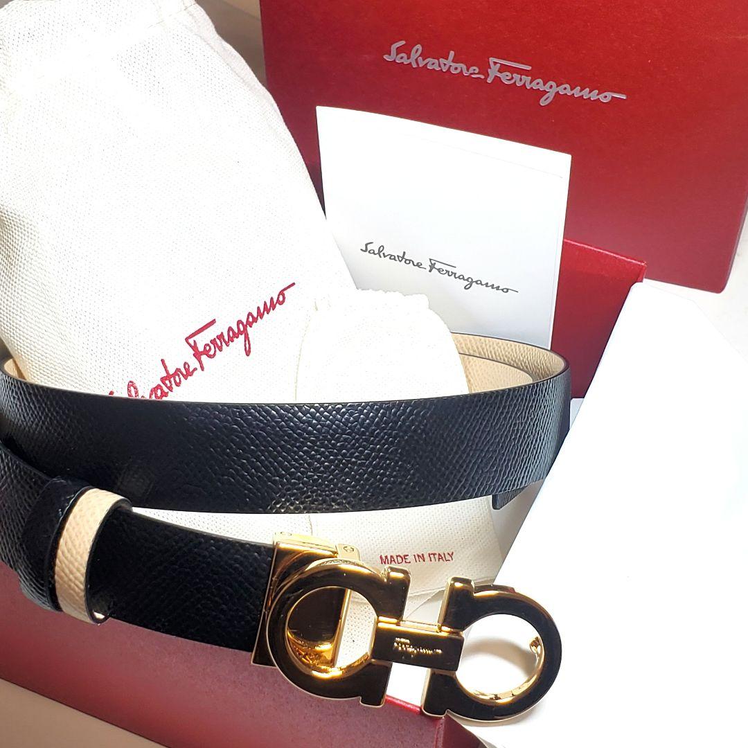 【美品】フェラガモ リバーシブル ベルトレザー 黒/ベージュk-030