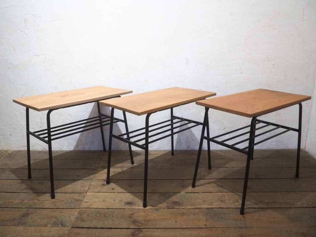 1237 ③古い木と鉄脚のテーブル　デスク　作業台　リメイク　レトロ　ビンテージ