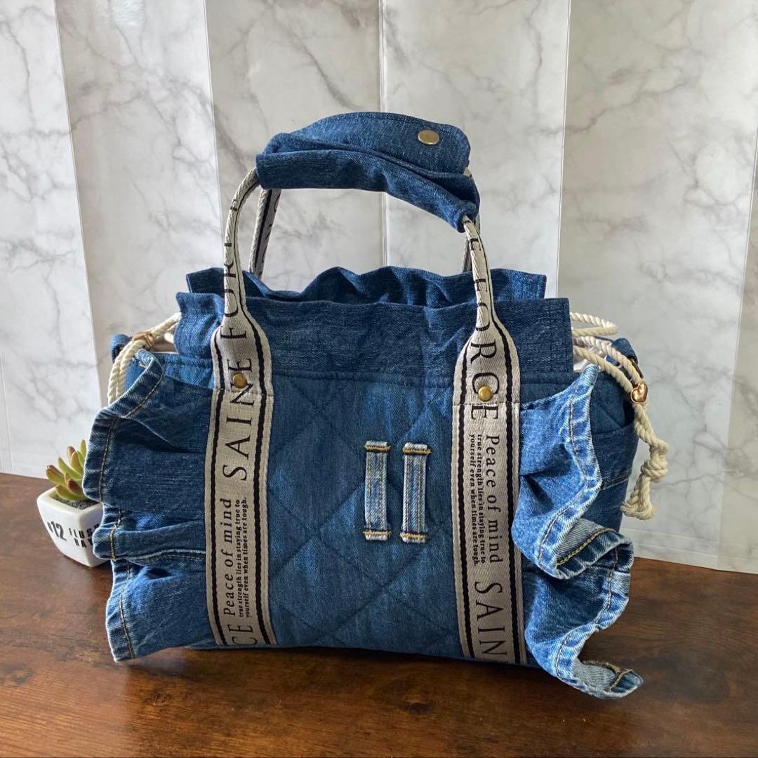 Ｎｏ.64 デニムリメイク【フリルバッグ】トートバッグ ハンドメイド