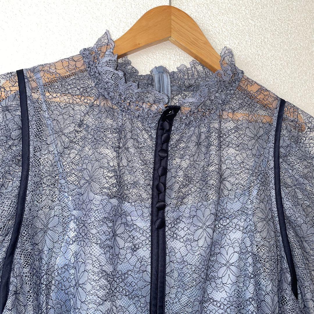 ランバンオンブルー 38 バイカラーレースブラウス ブルー