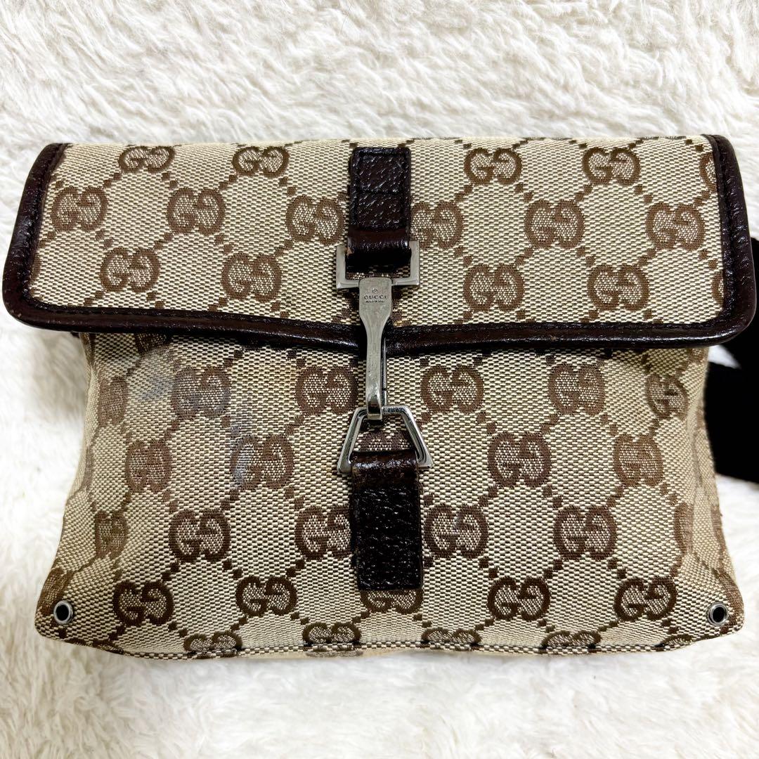 グッチ　ボディバッグ　ウエストポーチ　GG キャンバス　レザー　本革　ベージュ
