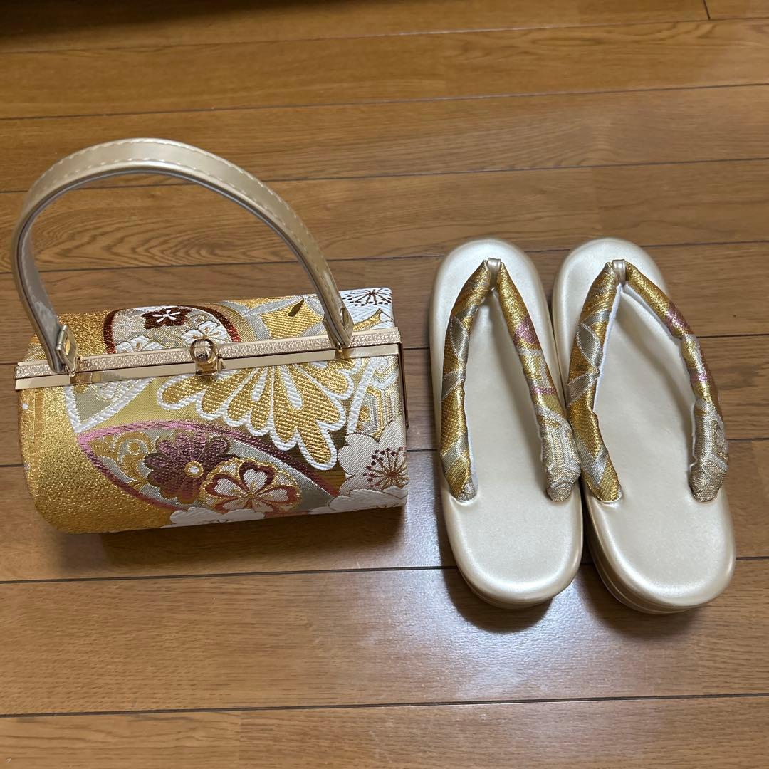 値下げ和装用バッグと草履セット　金色かわいい　成人式　結婚式　草履LL 一蔵