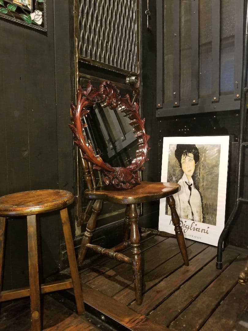 アンティーク　アメリカ製　トラッド　デザイン　リボン　シェル　ミラー　無垢　木製