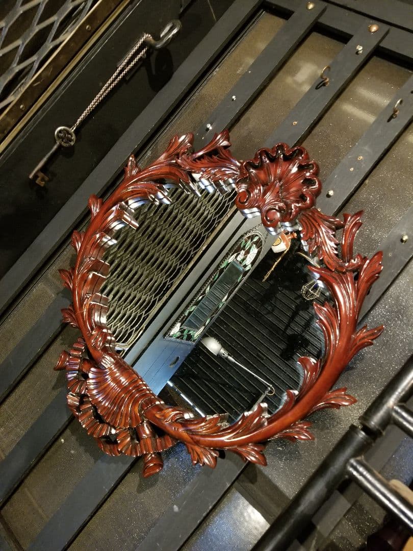 アンティーク　アメリカ製　トラッド　デザイン　リボン　シェル　ミラー　無垢　木製