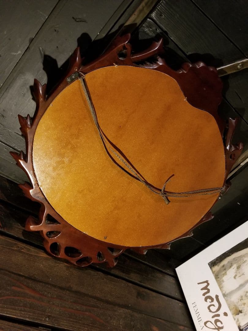 アンティーク　アメリカ製　トラッド　デザイン　リボン　シェル　ミラー　無垢　木製