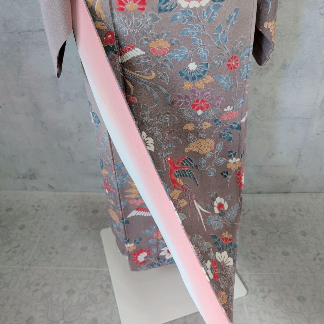 訪問着　フルセット　着物　正絹　花　鳥　カラフル　トールサイズ　おしゃれ　F4