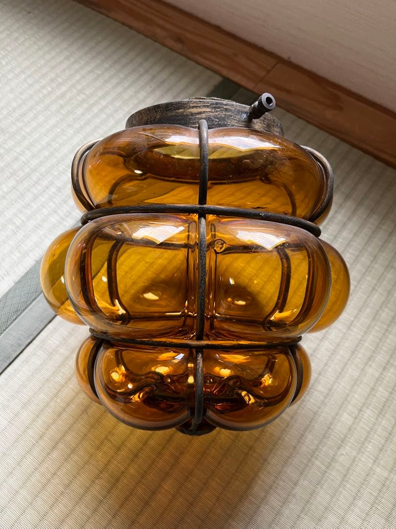 超希少　アンティーク　琥珀色　照明　天井吊　ガラス＆鉄製 E26 LED対応