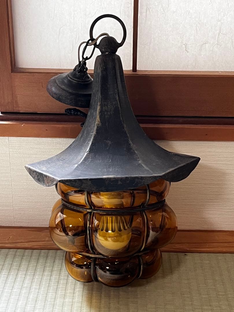 超希少　アンティーク　琥珀色　照明　天井吊　ガラス＆鉄製 E26 LED対応