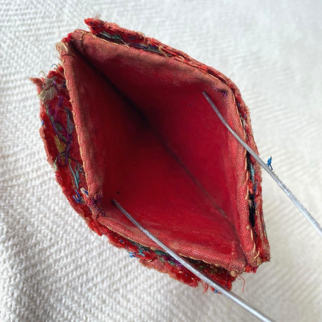 アンティーク シルクロード チャイナ チベット 赤シルク古刺繍 3口袋 時代物