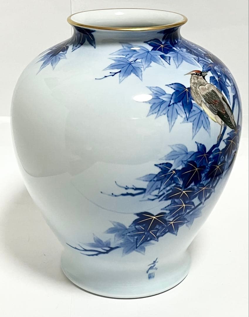 有田焼 深川製磁 山口昇然 希少 紅葉と緋連雀 花瓶 花生
