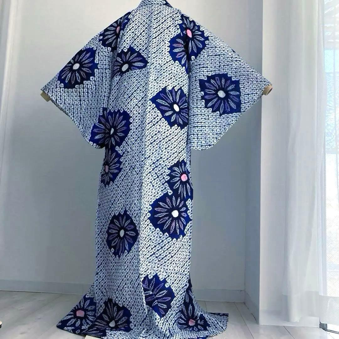 有松絞り浴衣　蜘蛛絞り　しつけ糸付　手縫い　絞り浴衣　身丈152 No-Ａ100