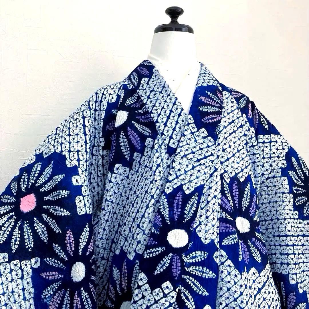 有松絞り浴衣　蜘蛛絞り　しつけ糸付　手縫い　絞り浴衣　身丈152 No-Ａ100