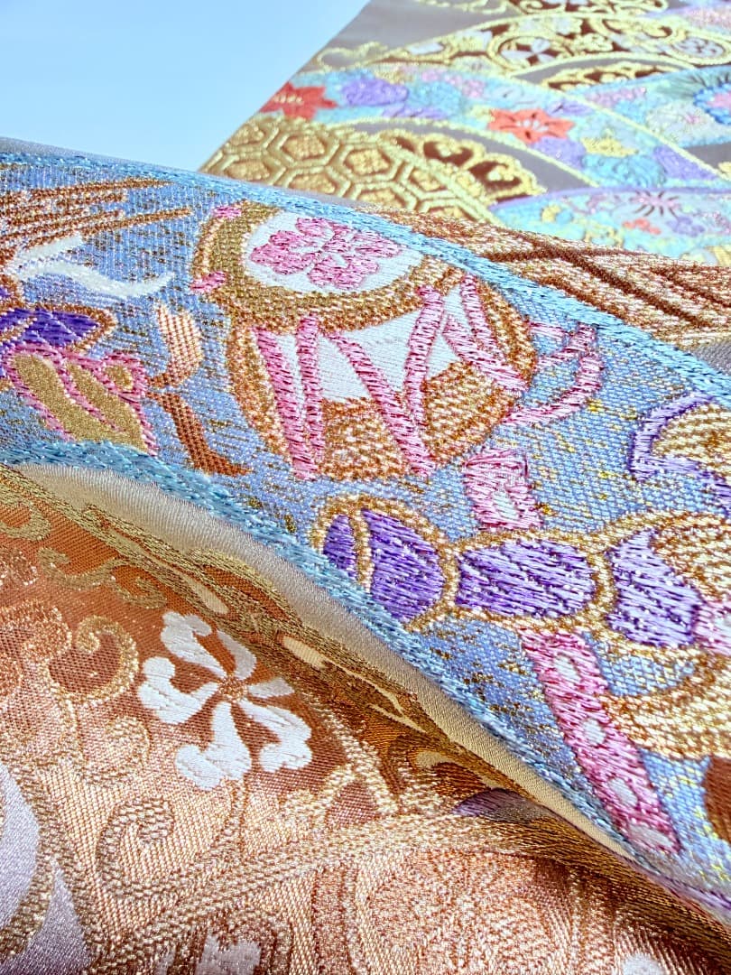 高級 袋帯 正絹 六通柄 宝尽くし シャンパンゴールド 扇文 訪問着 色無地