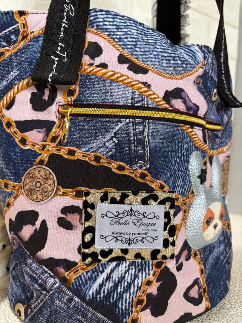 そ*2様 コヤンイサムチョン　ハンドメイド　丸底トートバッグ　デニムヒョウ柄　ア