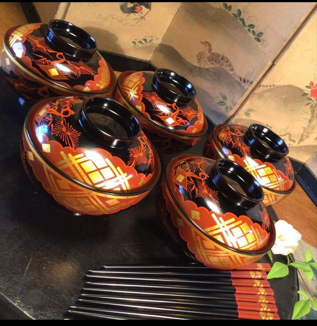 A1062 木製漆器　懐石道具　秀衡塗　椀　（丸三漆器）5客箸　5膳　揃え