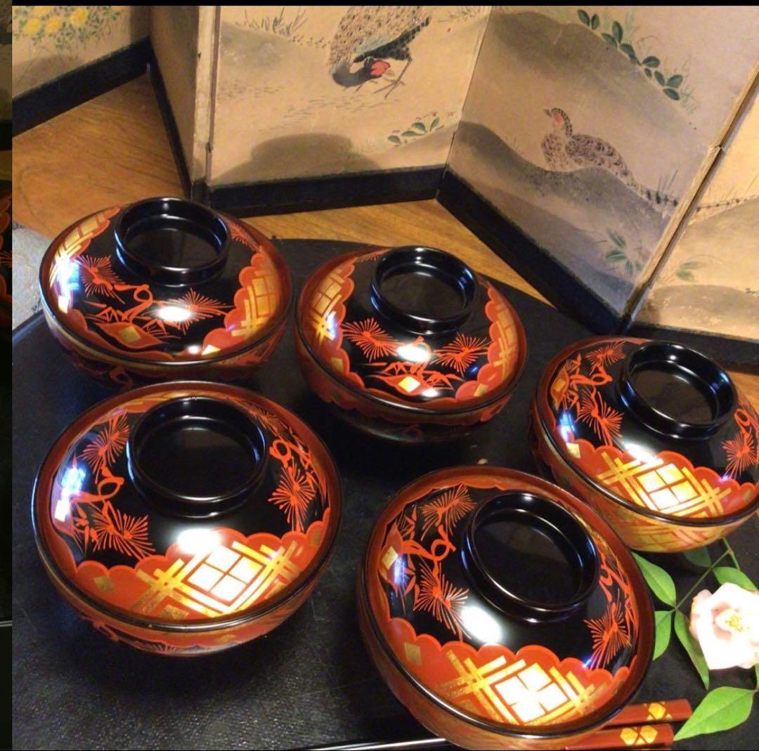 A1062 木製漆器　懐石道具　秀衡塗　椀　（丸三漆器）5客箸　5膳　揃え