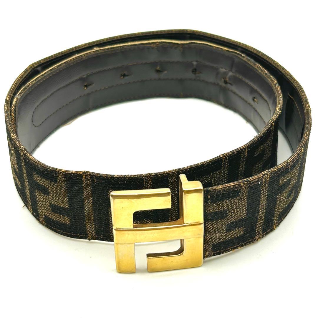 【美品】FENDI ズッカ柄 FFロゴ バックル ベルト ブラウン キャンバス