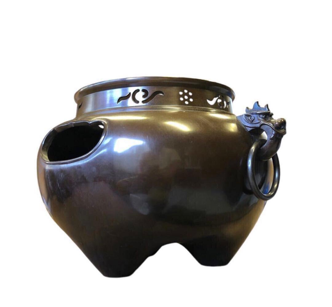 釜師　木村一無作　銀摘　共箱『唐銅鬼面風炉』茶道具/鉄瓶　古道具
