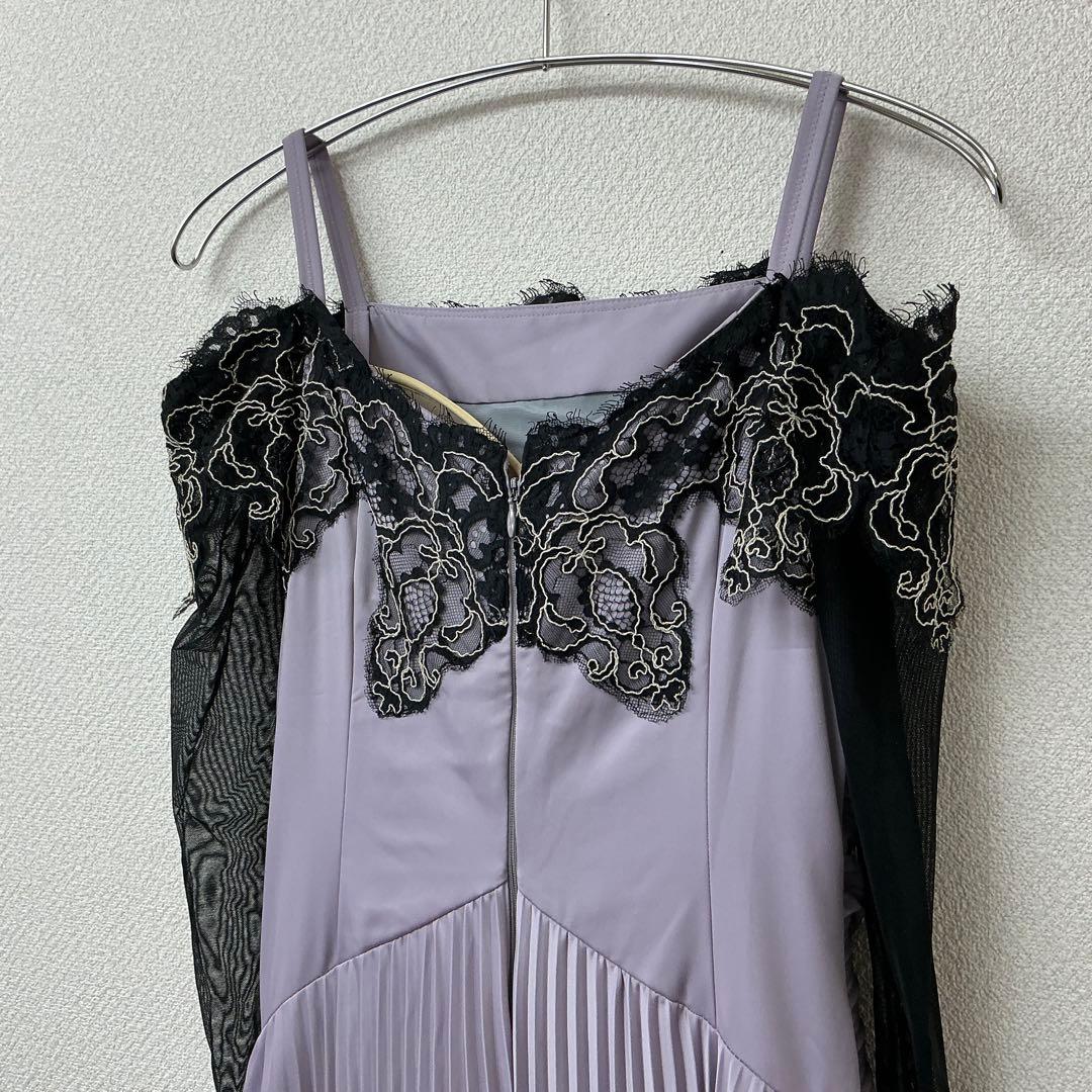 薄紫色 プリーツドレス レース装飾