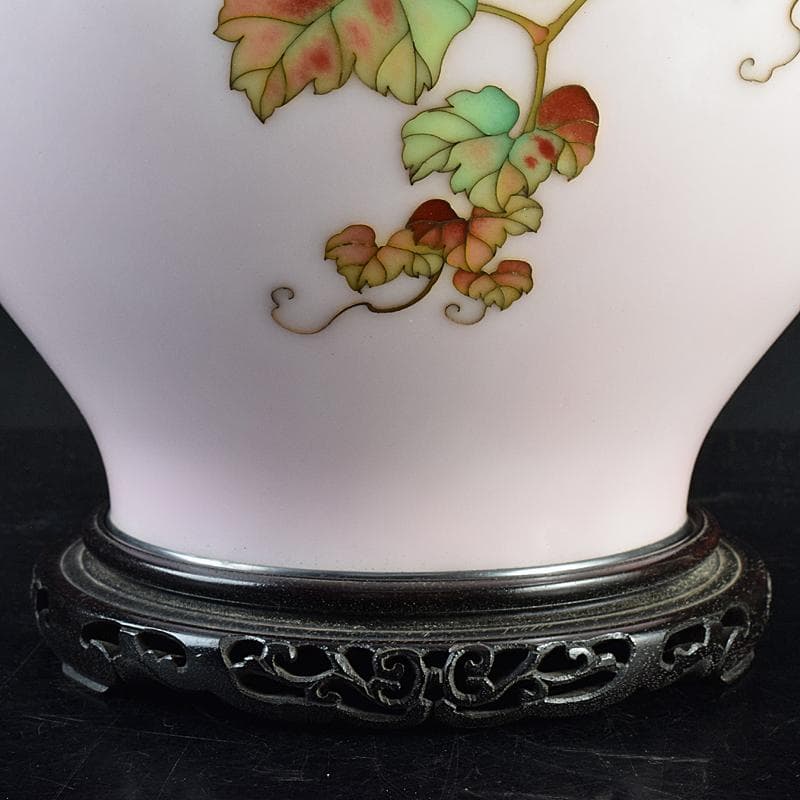 AAA安藤七宝店純銀刻印　桜釉　葡萄文瓶　唐木台・木箱付　H　R8810B