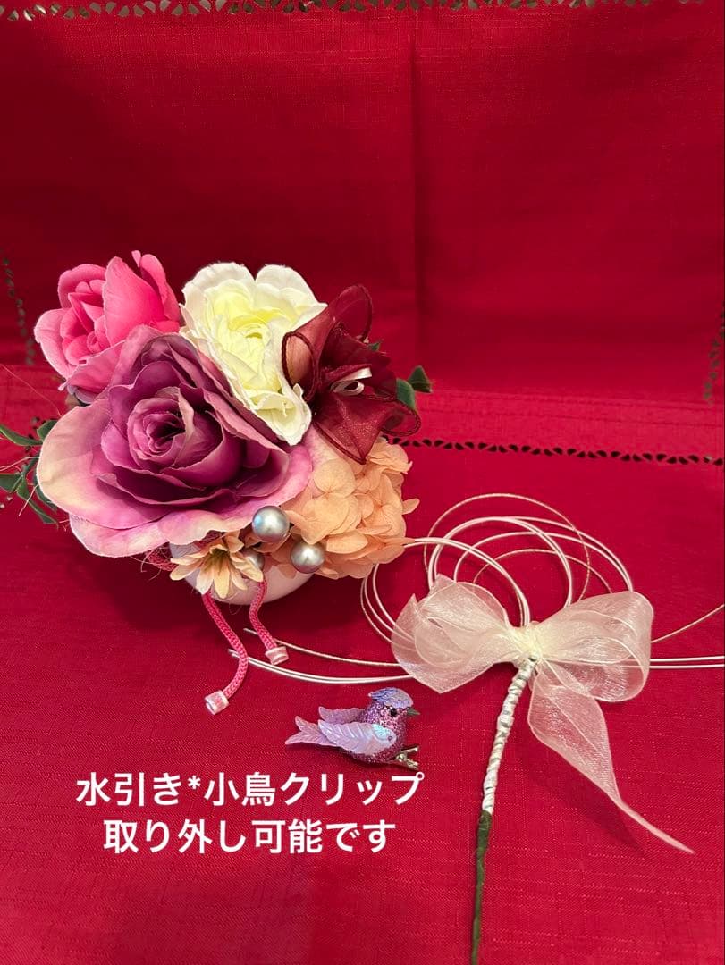 «846»◤完売◢♥️感謝祭♥️フラワーオブジェ*薔薇*紫陽花*小鳥*パープル