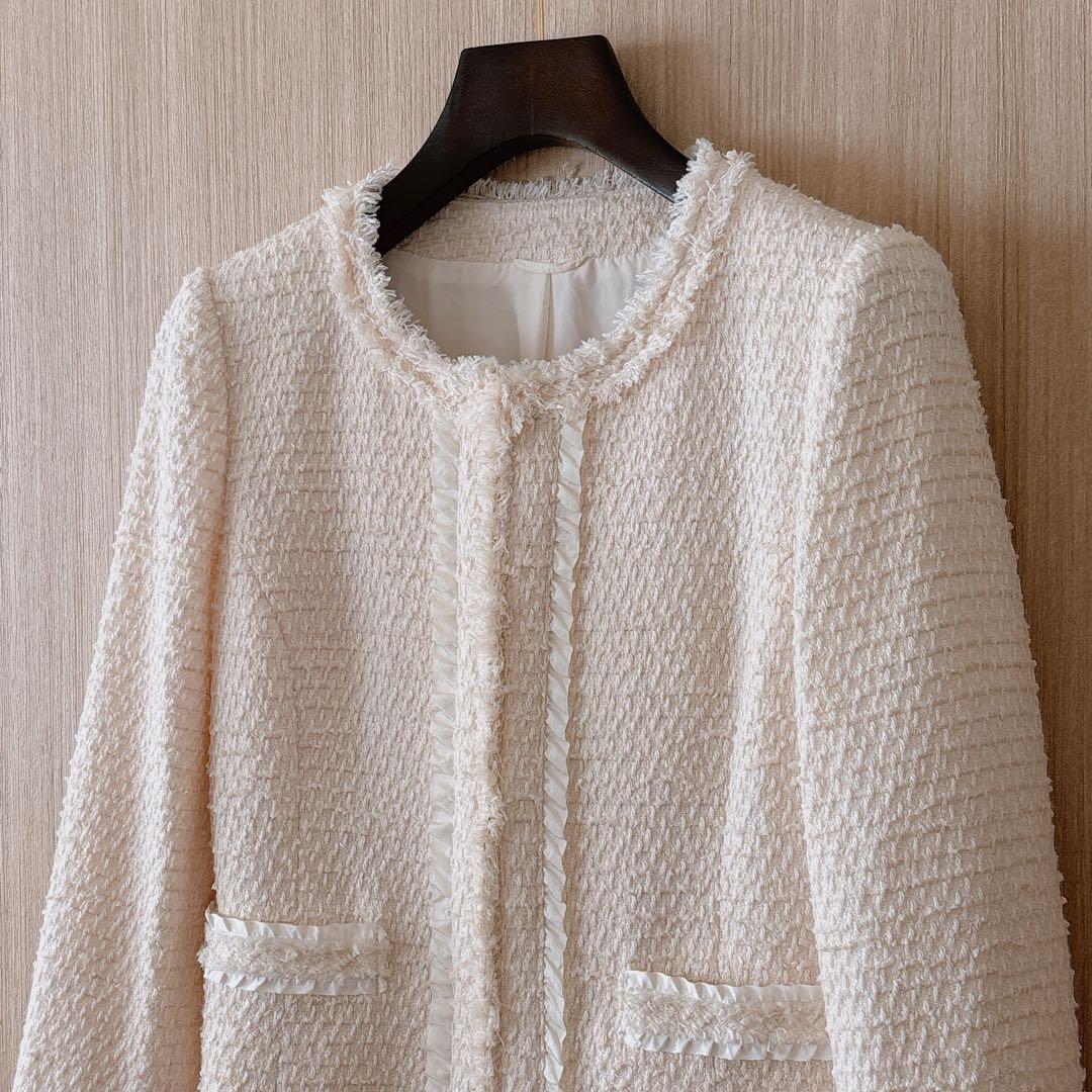 【1200】アナイ　ツイードノーカラージャケット　アイボリー 36 フォーマル