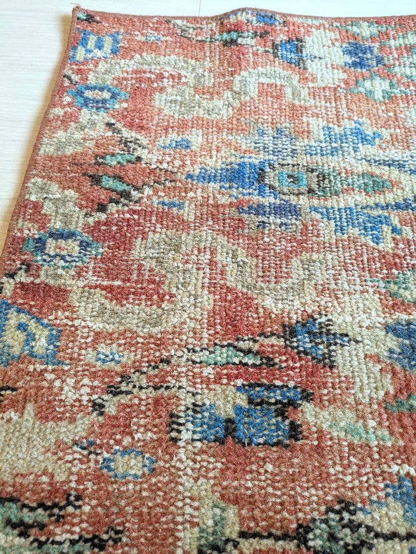 50×91 ラコッタオレンジ×トルコブルー　トルコヴィンテージラグ　ミニサイズ