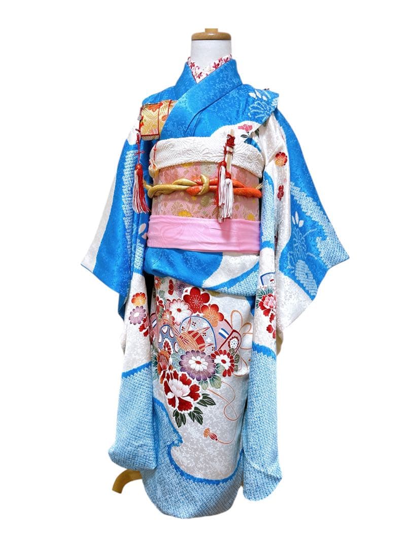 本格!!絞り正絹着物♡七五三　7歳　女の子　フルセット　一式　水色　ピンク