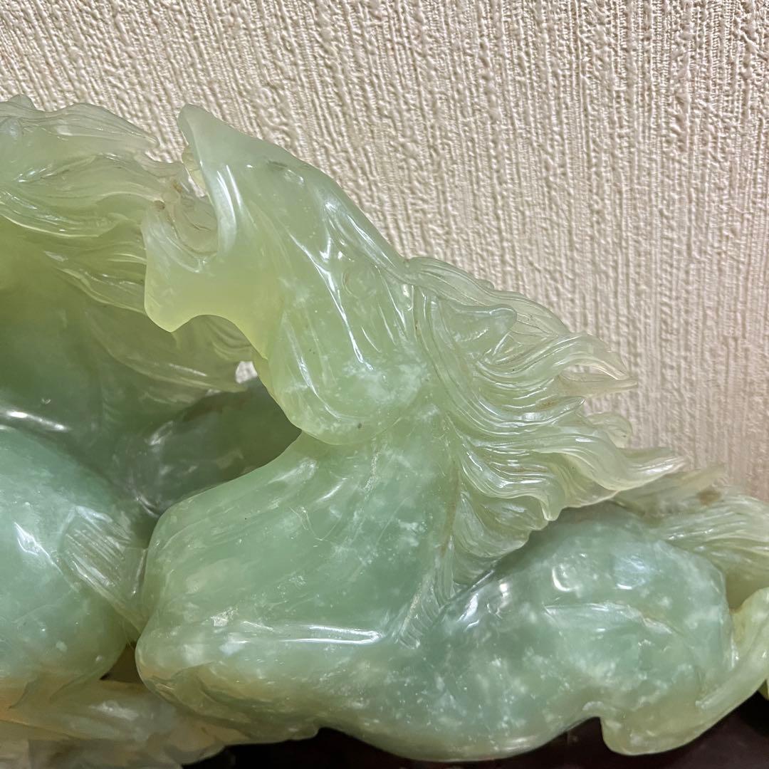 超希少/超巨大!! 中国美術 翡翠 ヒスイ 翔馬 跳ね馬 置き物 成功 馬3頭