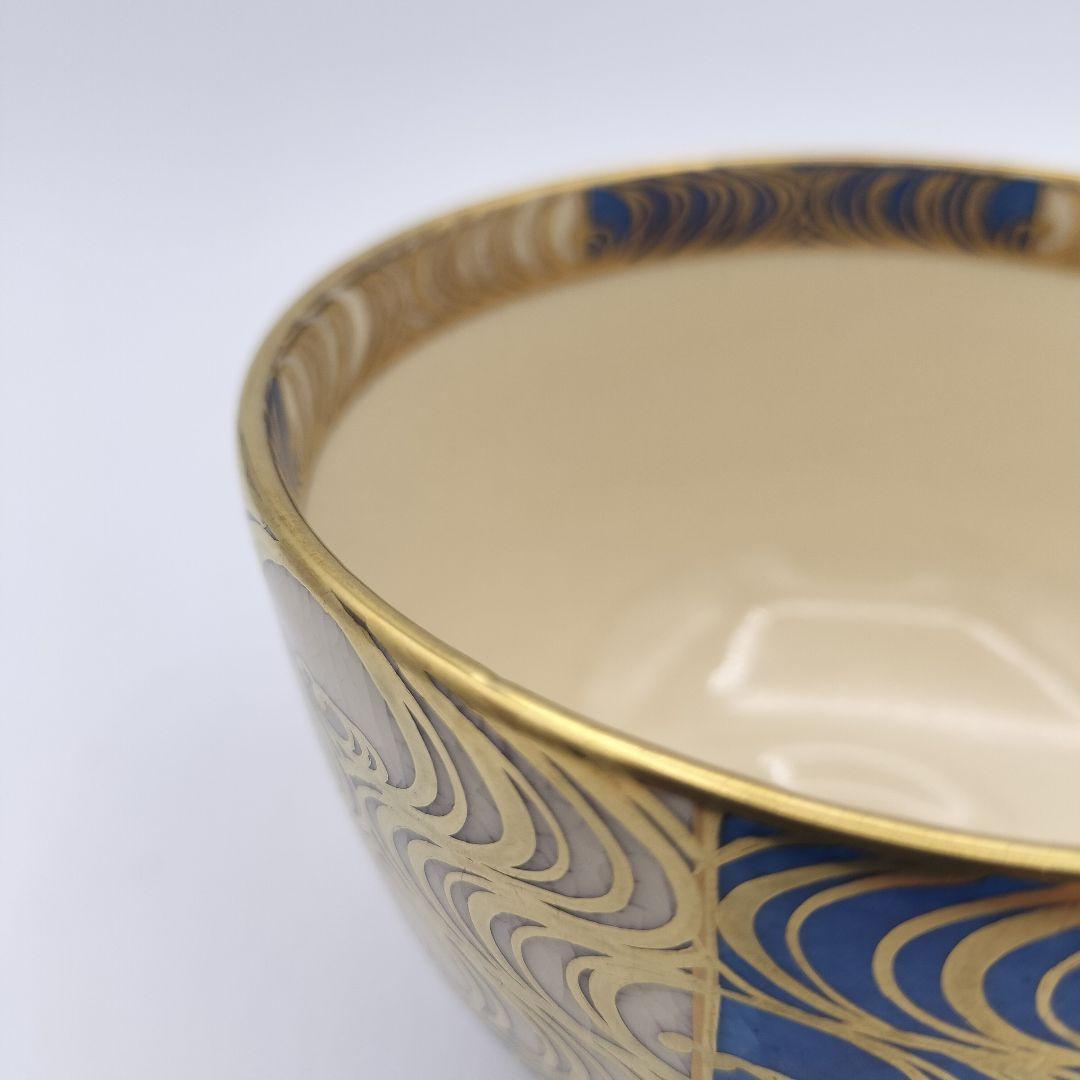 a370 茶碗　浅葱市松観世水画　祥平　清閑寺窯　茶道具　茶道　古物