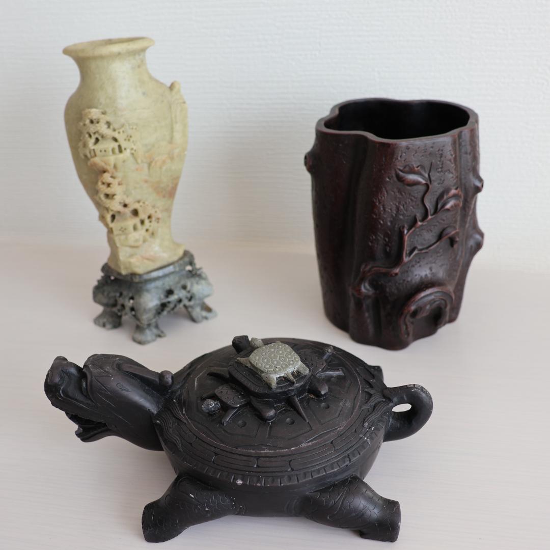 石彫刻花瓶 紫砂筆筒 ⻲型硯 まとめ売り