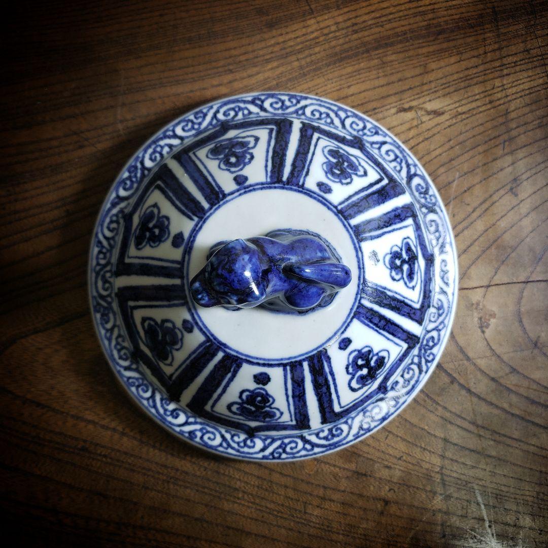 元朝陶磁器　中国美術　景徳鎮　蓋のみ　花瓶　壺　獅子　蘇麻離青