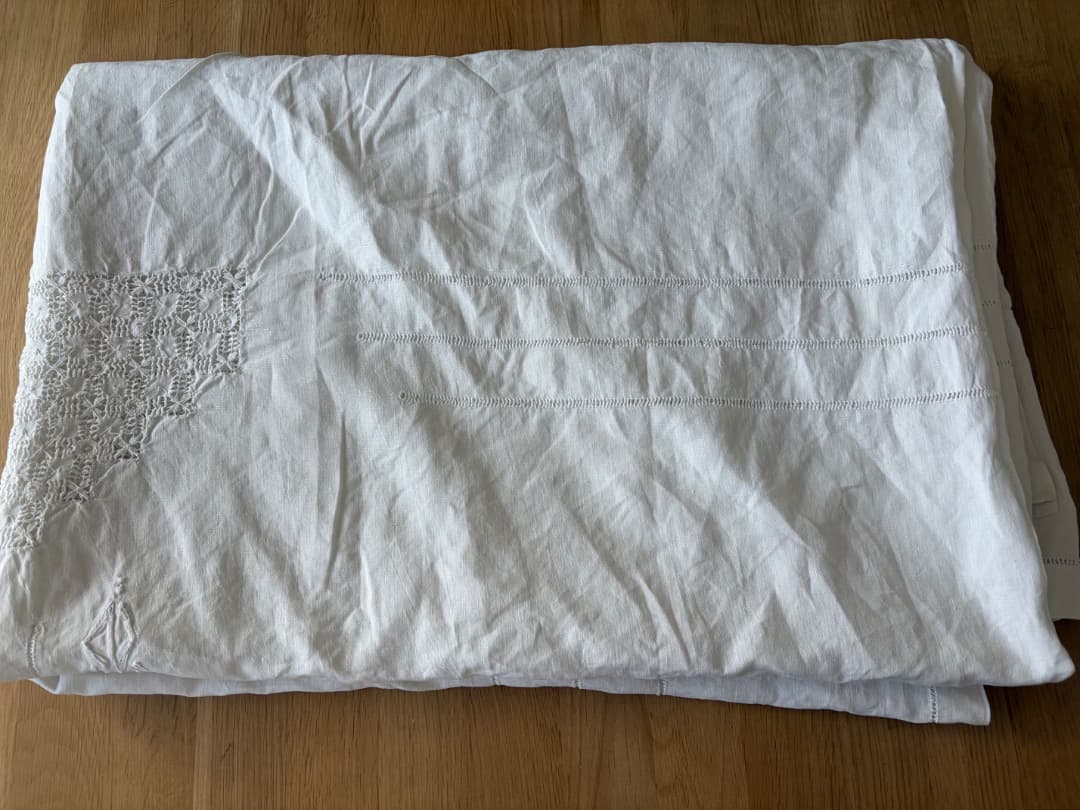 フランスアンティーク　特大　テーブルクロス　リネン　シーツ　ドロンワーク　刺繍