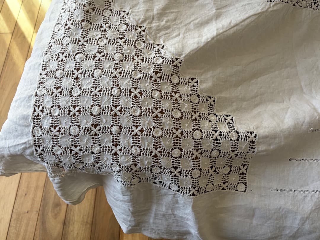 フランスアンティーク　特大　テーブルクロス　リネン　シーツ　ドロンワーク　刺繍