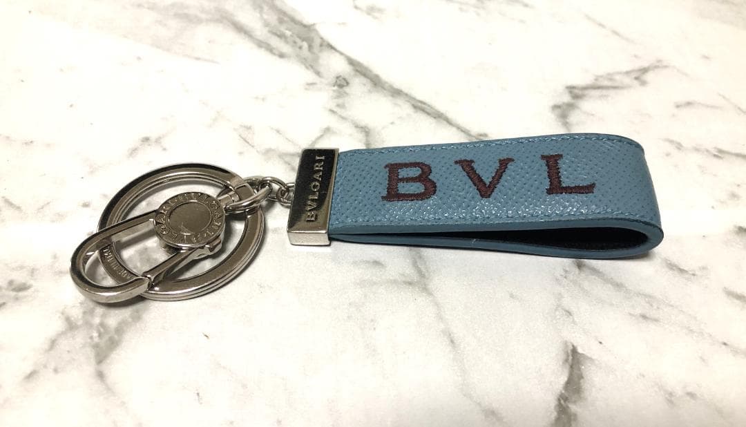 【美品】ブルガリキーリング　ブルガリマン　レザー　ライトブルー系