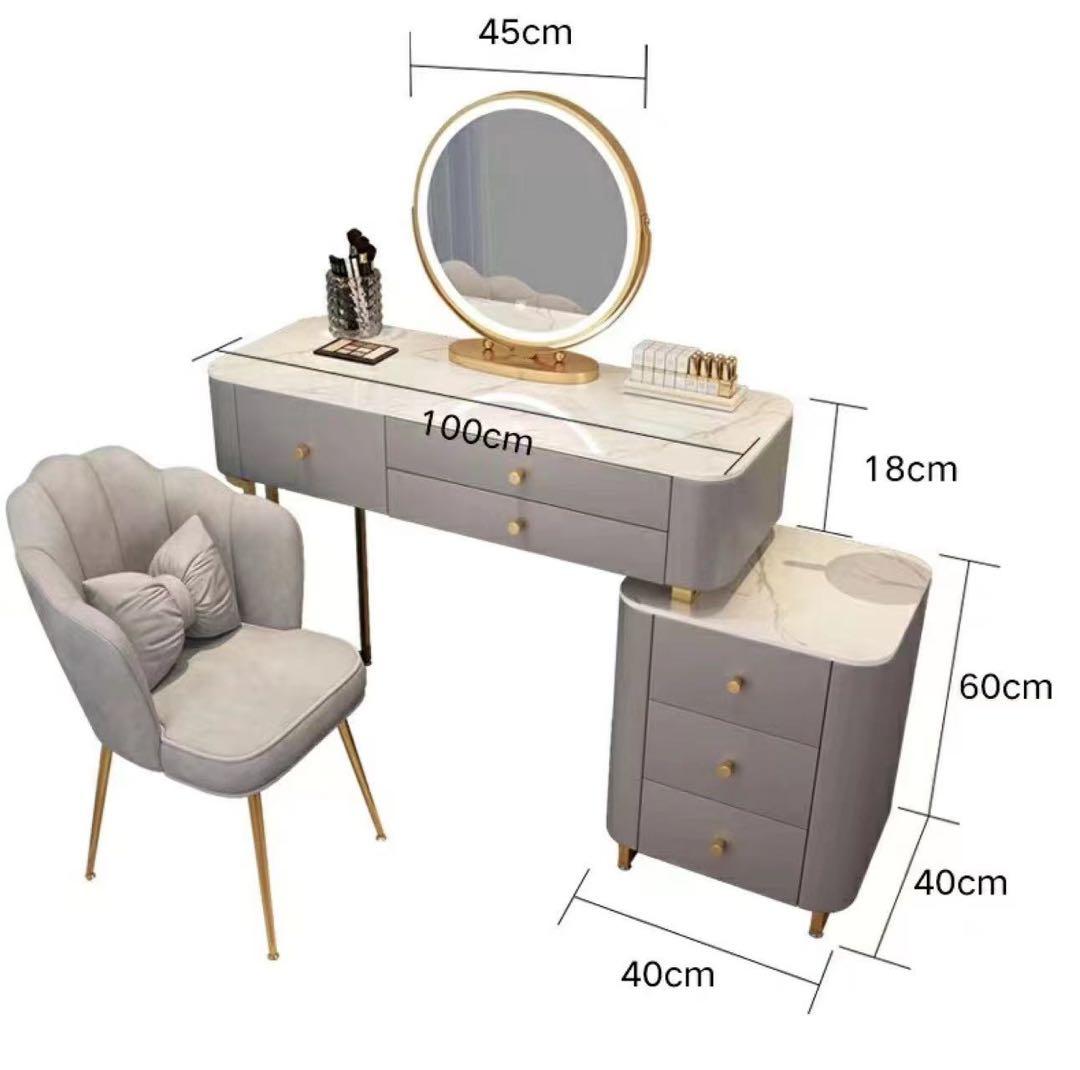 北欧風  ピンク100cm　オシャレドレッサーレザー調 大理石天板 LEDミラー