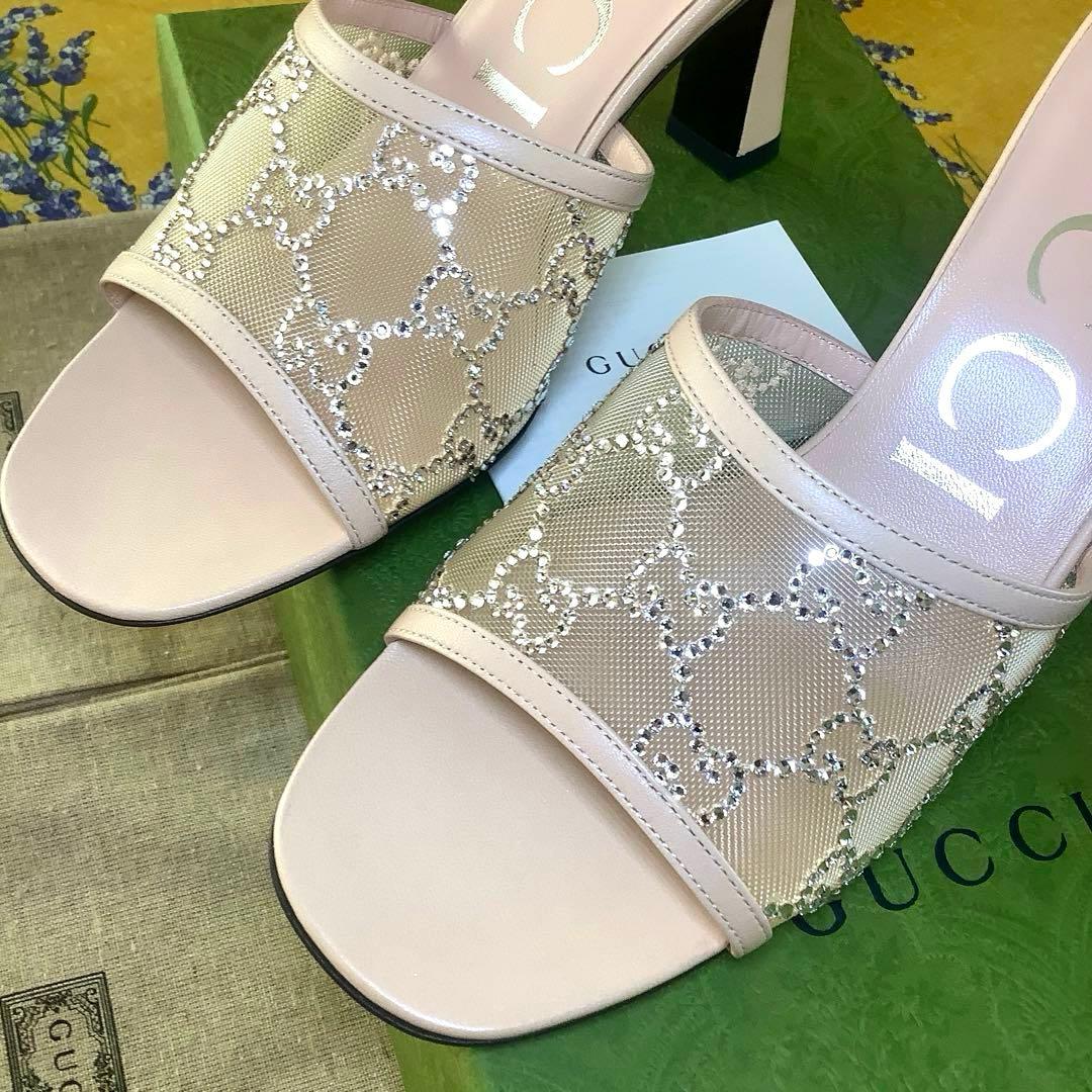 新品! グッチ ダイヤモンドカットクリスタルビジュー GGマーク サンダル24㎝