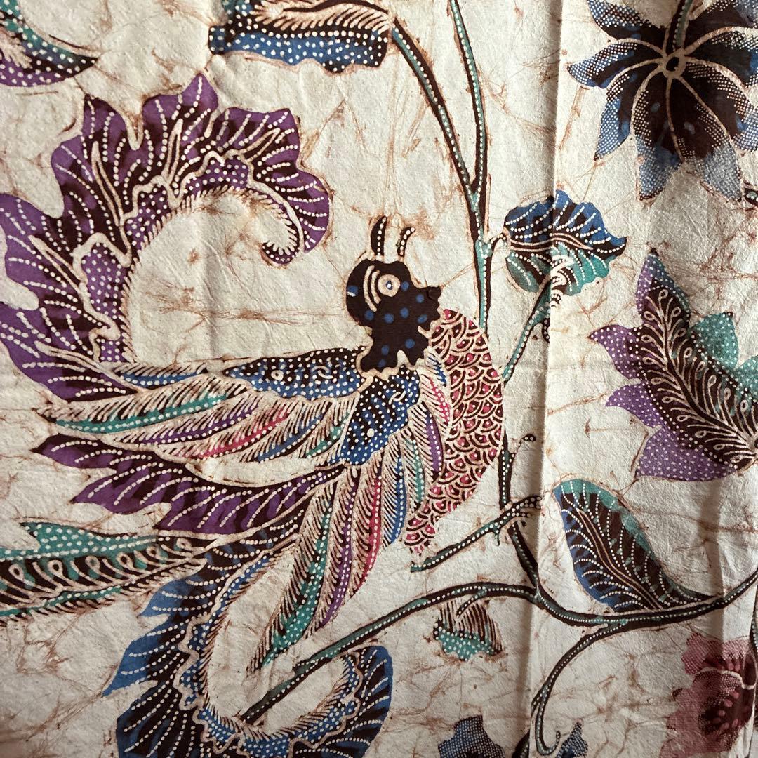 【美品】鳥と花柄のろうけつ染めテーブルクロス・タンスカバー136×128.5