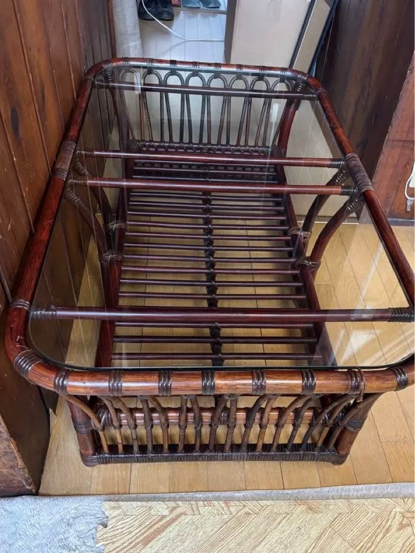 ꧁籐家具꧂アジアン ラタンテーブル ガラス天板座卓 センターテーブル 古家具