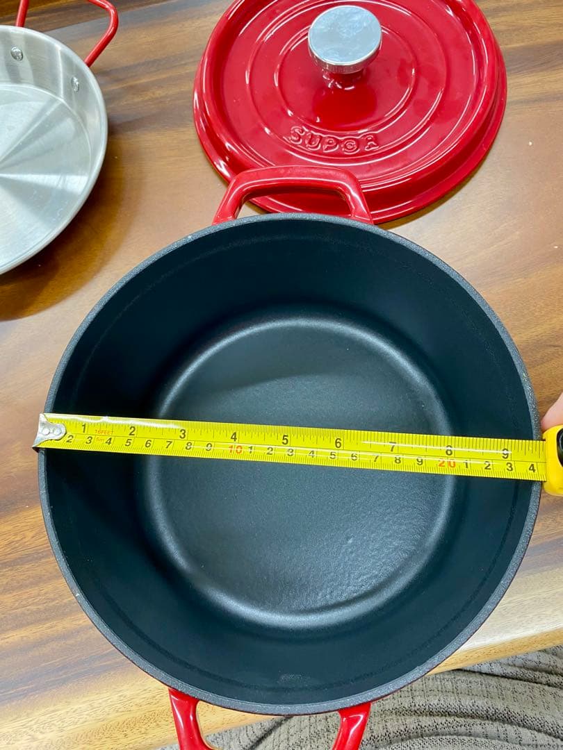 【美品】SUPOR 赤 鋳鉄鍋/スープ鍋/電磁炉鍋ステンレスフライパン2点セット