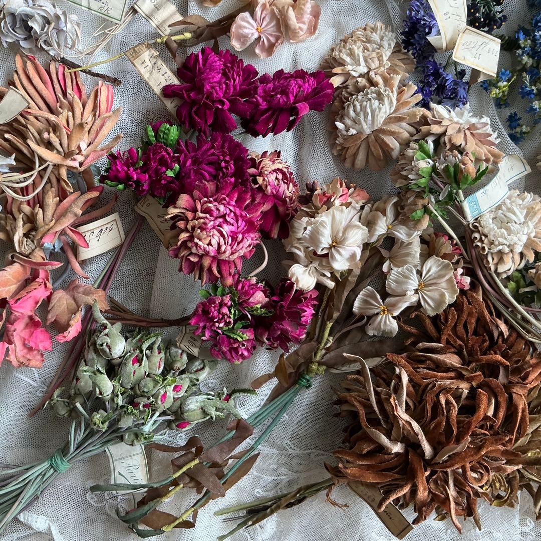 専用　フランスアンティーク　帽子飾り　枯れた布花　紙ラベル付　ブーケ　ブロカント