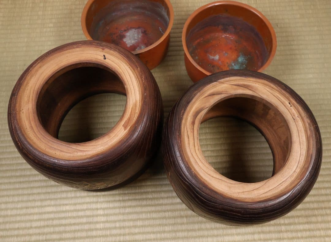 小菊蒔絵 桐火鉢 一対 幅29cm 草花 蝶 螺鈿 金蒔絵 古民具【MB104】