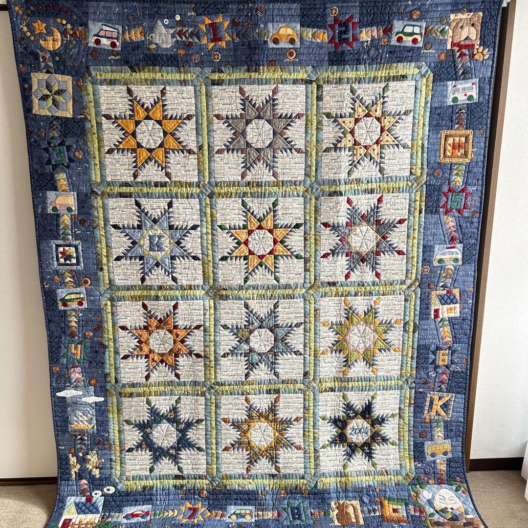 ハンドメイド パッチワーク フェザースター タペストリー兼ベットカバー