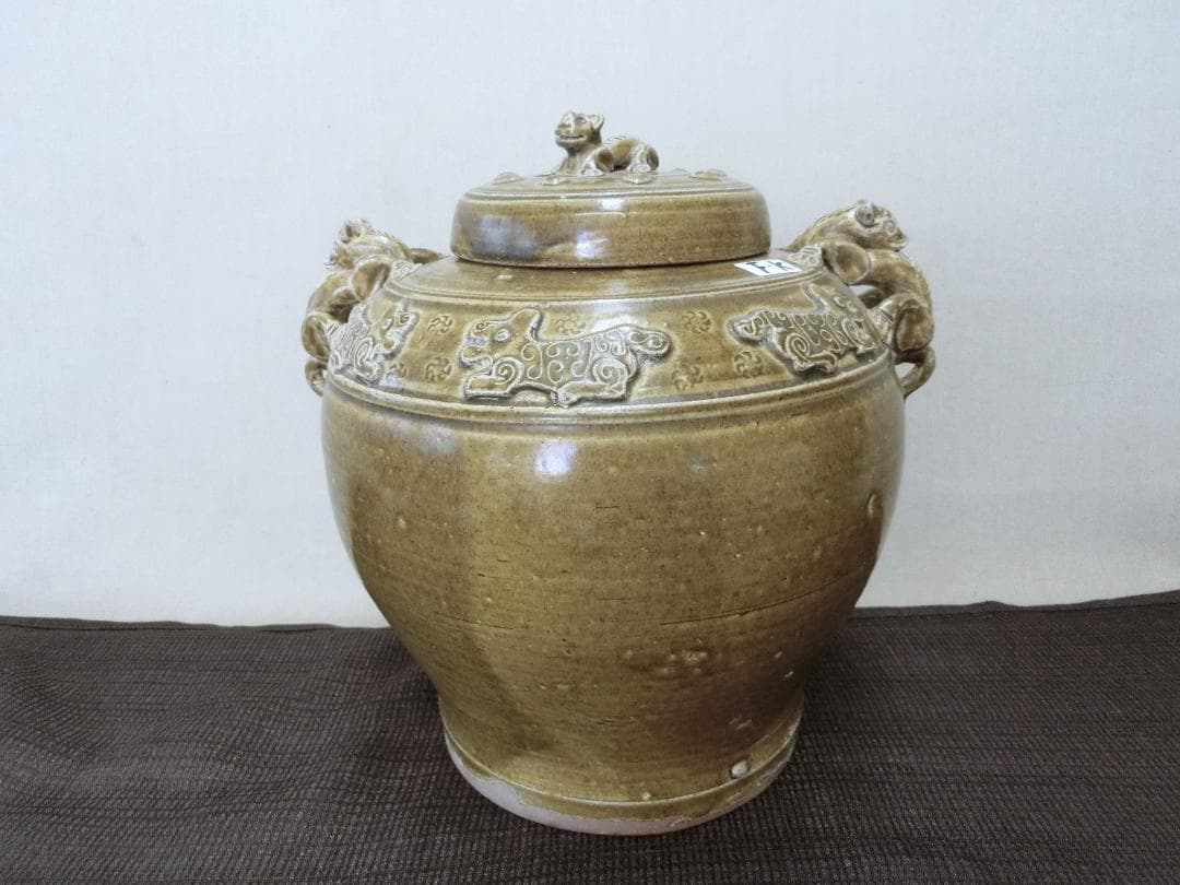 【緑釉壷　蓋付　双耳壷　獣高盛文様　中国・FK】◆古董 鑑賞陶磁器 インテリア